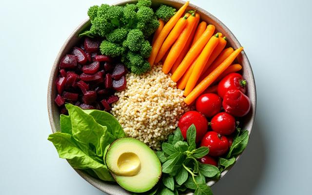 A vibrant bowl of colorful, healthy food with quinoa, leafy greens, and various vegetables, symbolizing gut health.