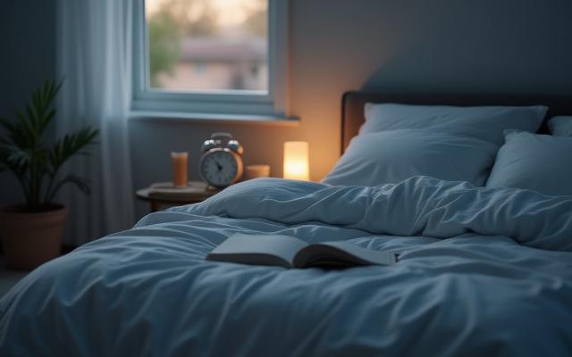 A peaceful bedroom scene with soft lighting, inviting bed, and an alarm clock displaying an early hour, symbolizing restorative sleep.