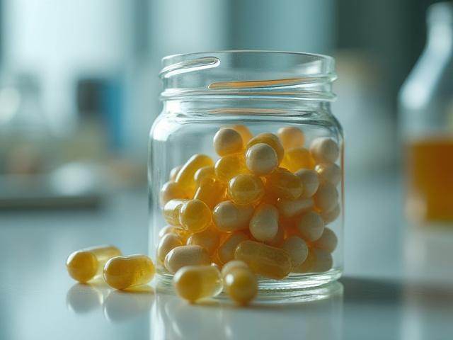 Close-up of NMN and Resveratrol supplement capsules in a lab setting.