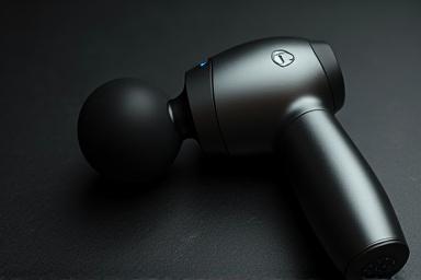Theragun massage device on a dark background, showing its ergonomic design.